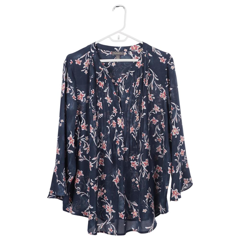 Style&Co. Top XL Blue Floral V-Neck Pullover 3/4 Sleeve Pintuck Pleats Casual